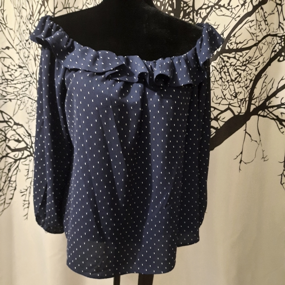 H.I.P. Polkadot Gypsy Off Shoulder Navy Blue Dress Shirt